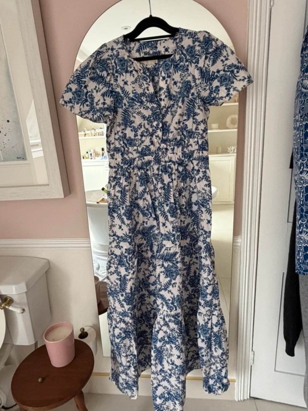 Blue & White Floral Maxi Dress with Elastic Waist by